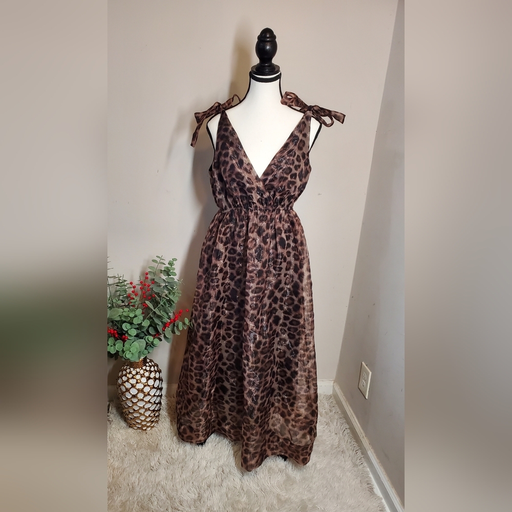 Anthropologie Daniel Rainn Organza Leopard Print V-Neck  Maxi Dress Size S - Picture 5 of 15